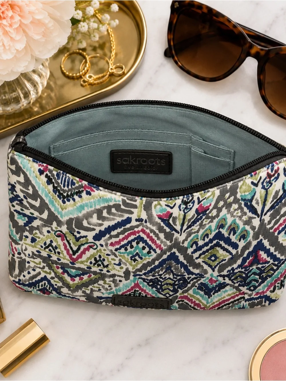 Sakroots Boho Tribal Zip Cosmetic Bag Makeup Pouch Travel Organizer